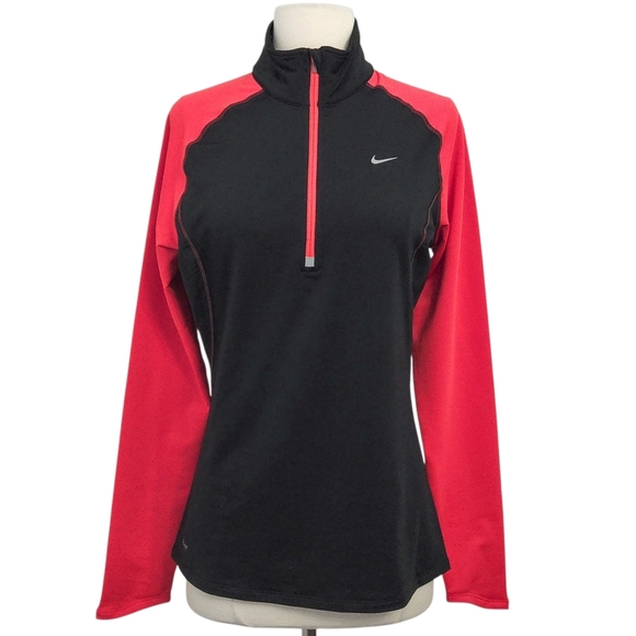 Nike Running Red & Black Dri Fit Mock Neck 1/4 Zip Long Sleeve Top- Women's - Picture 1 of 8
